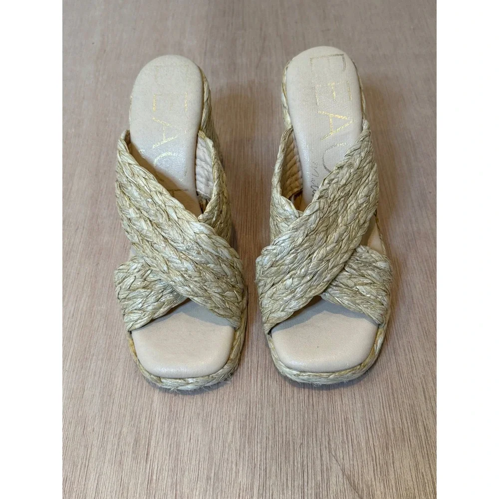 BEACH by Matisse Natural Straw Wedge Sandals Woven Raffia Slide Heels Women